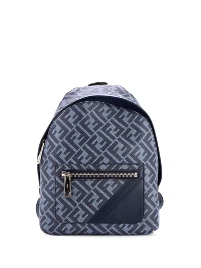 Pre-owned Fendi Chiodo Zucca Coated Canvas With Leather Small Backpack In Blue