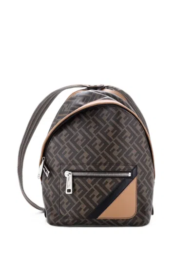 Pre-owned Fendi Chiodo Zucca Coated Canvas With Leather Small Backpack In Brown