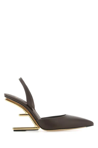 Fendi Leather Slingback Pumps In Brown