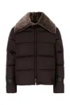 Fendi Women Brown Down Jacket With Shearling Collar And Logo Patch On The Front In Tech Fabric Woman In Brown