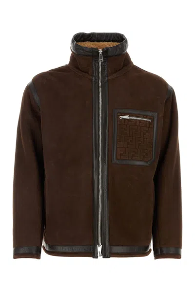 Fendi Luxurious Monochrome High Neck Oversized Zip-up Jacket For Men In Brown