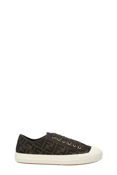 Fendi Men Brown Sneaker With All-over Ff Motif In Fabric Man In Black