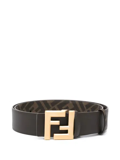Fendi Squared Ff Reversible Belt In Leather And Canvas In Brown