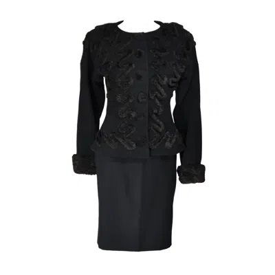 Pre-owned Fendi Circa 1980's Black Wool Skirt Suit With Faux Fur Applique Size 40