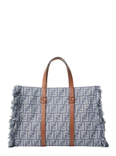 FENDI FENDI ‘SUMMER TOTE’ BLUE SHOPPER WITH ALL-OVER FF MOTIF AND FRINGED DETAILS IN COTTON BLEND WOMAN