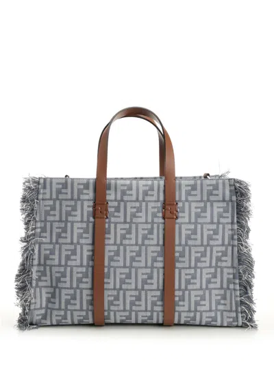 Fendi City Tote In Canvas All Over Ff With Fringes Shoulder Bags Blue