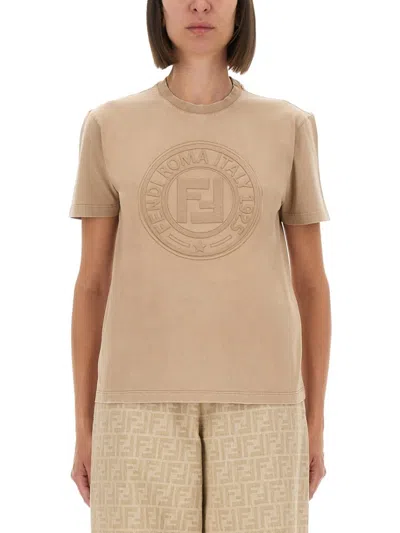 Fendi Classic Crew Neck T-shirt With Embossed Logo Detail In Neutral