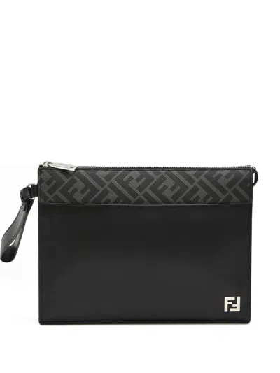 FENDI LEATHER AND CANVAS FF SQUARED CLUTCH