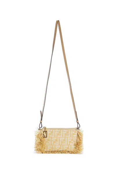 Fendi Jacquard Fabric Pouch With Chain And Raffia Ff In Light Brown