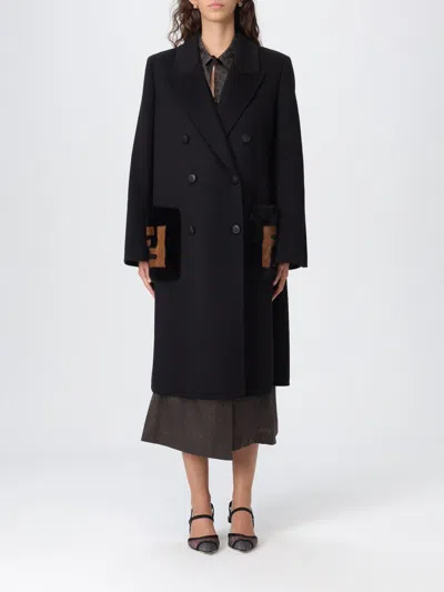 Fendi Cappotto Doppiopetto  In Lana Vergine E Pelliccia In Black