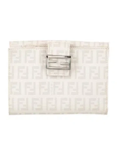 Pre-owned Fendi Coated Canvas Zucchino Ff Wallet Zucchino Ff Logo Compact Wallet In White