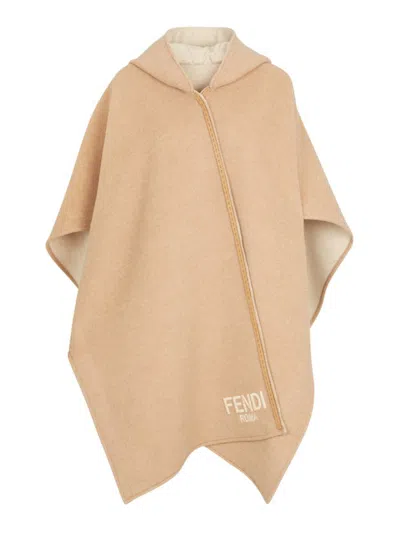 Fendi Logo Embroidered Cape Jacket In Beige