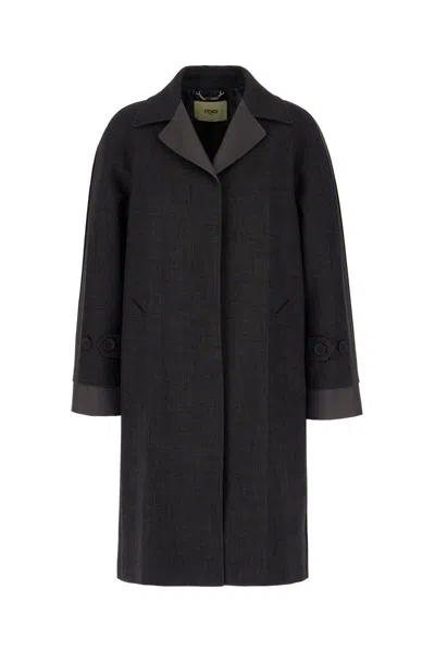Fendi Long Sleeve Coat Notched Lapels In Grey