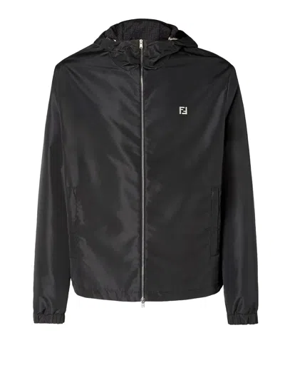 Fendi Hooded Blouson In Technical Fabric With Drawstring In Black