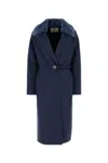 Fendi Stretch Cashmere Coat Belted Waist Fur Collar In Blue