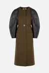 Fendi Green Wool Midi Coat With Leather Sleeves In Green