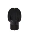 Fendi Women Black Crewneck Coat With Puffed Sleeves And Two Front Shearling Pockets In Wool Blend Wo In Black
