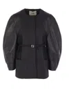 Fendi Women Grey Crewneck Jacket With Puffed Leather Sleeves In Wool Woman In Multi