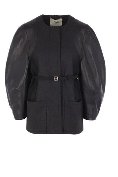 Fendi Women Grey Crewneck Jacket With Puffed Leather Sleeves In Wool Woman In Black