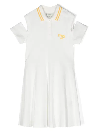 Fendi Kids' Cold-shoulder Piqué Polo Dress In White