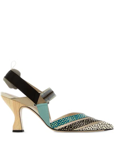 Fendi 85mm Flydots Colibri Mixed-media Iconic Slingback Pumps In Multi