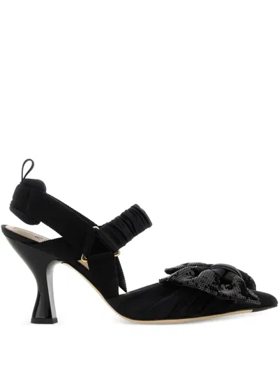 Fendi 85mm Colibri Satin Embellished Bow Slingback Pumps In Black
