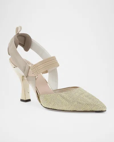 Fendi Colibri Crystal Ff Sporty Slingback Pumps In Gold
