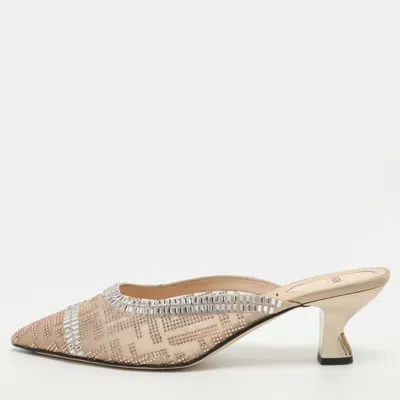 Pre-owned Fendi Colibri Embellished Size 40.5 Beige Mesh Mules In Sand