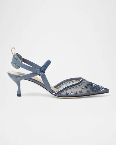 Fendi Colibri Embroidered Mesh Sporty Slingback Pumps In Blue