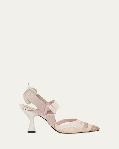 Fendi Colibri Ff Mesh Slingback Kitten-heel Pumps In Neutral
