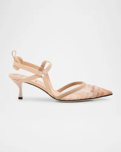 Fendi Colibri Ff Mesh Slingback Kitten-heel Pumps In Pink