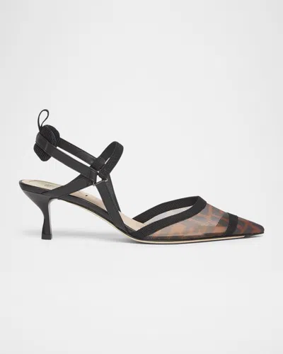 Fendi Colibri Ff Mesh Slingback Kitten-heel Pumps In Tabacco/nero