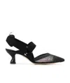 Fendi Black Leather And Mesh Slingbacks With Medium Heel In Black