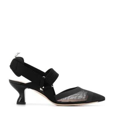 Fendi Black Leather And Mesh Slingbacks With Medium Heel