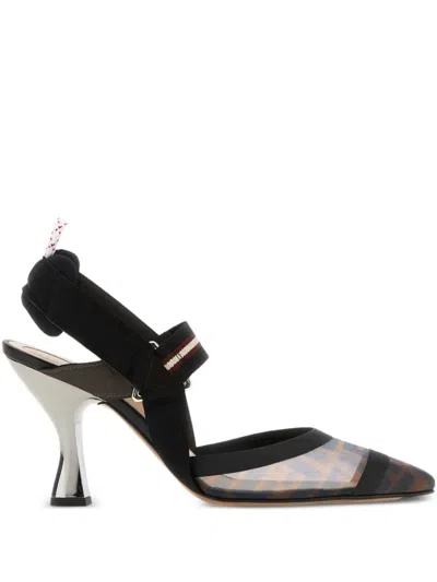 Fendi Colibri High Heel Slingback In Multicolor Technical Mesh In Black