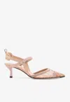 Fendi Black Leather And Mesh Slingbacks With Medium Heel In Pink