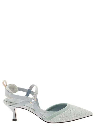 FENDI FENDI 'COLIBRÌ LITE' LIGHT BLUE SLINGACKS WITH JACQUARD FF MOTIF IN COTTON AND LEATHER WOMAN