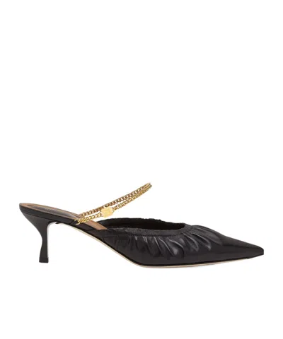 FENDI BLACK LEATHER MULES WITH A MEDIUM HEEL