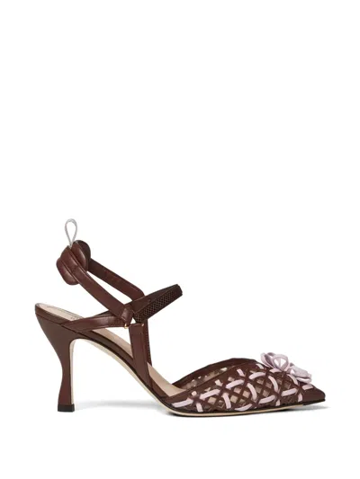 Fendi 85mm Colibri Leather Slingback Pumps In Brown