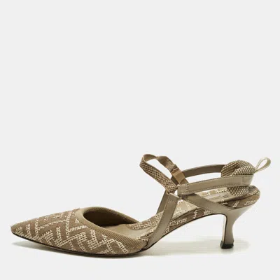 Pre-owned Fendi Colibri Lite Size 38 Grey/beige Zucca Canvas Slingback Pumps In Gray