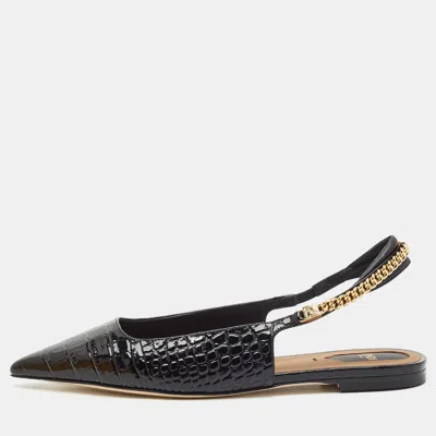 Pre-owned Fendi Colibri Lite Size 39 Black Croc Embossed Leather Slingback Flat Sandals