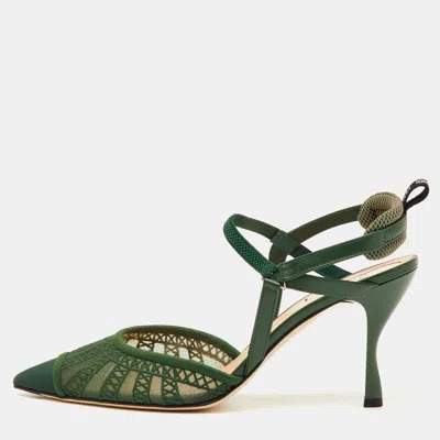 Pre-owned Fendi Colibri Lite Size 40.5 Green Mesh And Leather Pointed Toe Slingback Pumps
