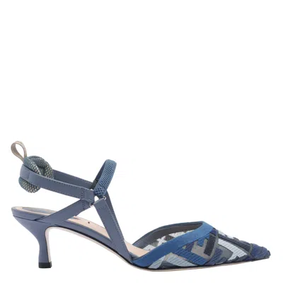 Fendi Blue Mesh Medium-heeled Slingbacks With Ff Embroidery