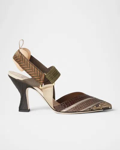 FENDI COLIBRI MIXED-MEDIA ICONIC SLINGBACK PUMPS