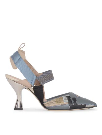 Fendi Blue Inlaid Leather High-heeled Slingbacks In Multi