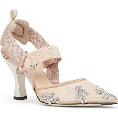 Fendi Colibri Pointed Toe Slingback Pump In Beige/silver