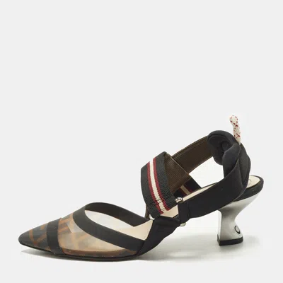 Pre-owned Fendi Colibri Size 35 Brown/black Zucca Fabric Mesh Slingback Pumps