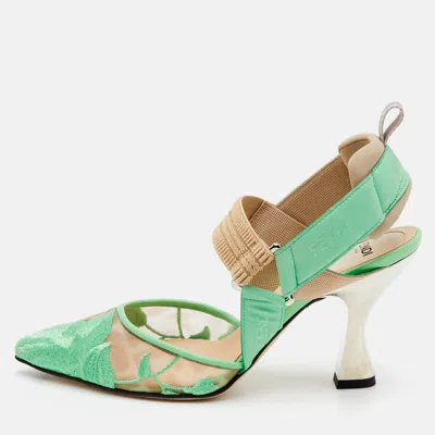 Pre-owned Fendi Colibri Size 36 Green/beige Canvas And Mesh And Satin Slingback Pumps