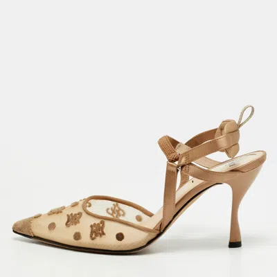 Pre-owned Fendi Colibri Size 36.5 Beige Mesh And Satin Pointed Toe Slingback Pumps