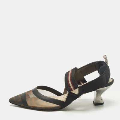 Pre-owned Fendi Colibri Size 36.5 Black Canvas And Ff Net Slingback Pumps